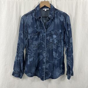 Chicos Chambray Fringe Floral Button Up Roll Tab Long Sleeve Shirt Womens Size 6